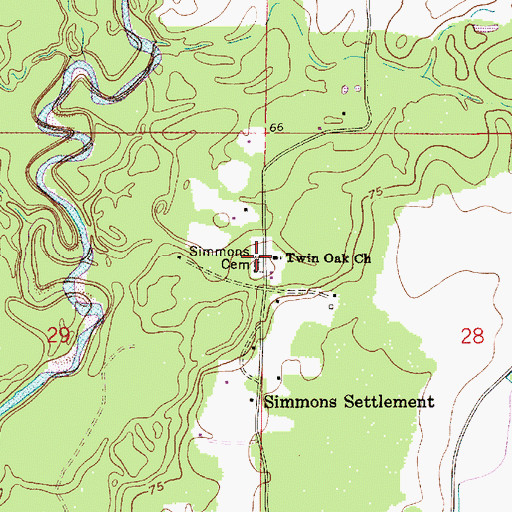 Topographic Map of Simmons Cemetery, LA