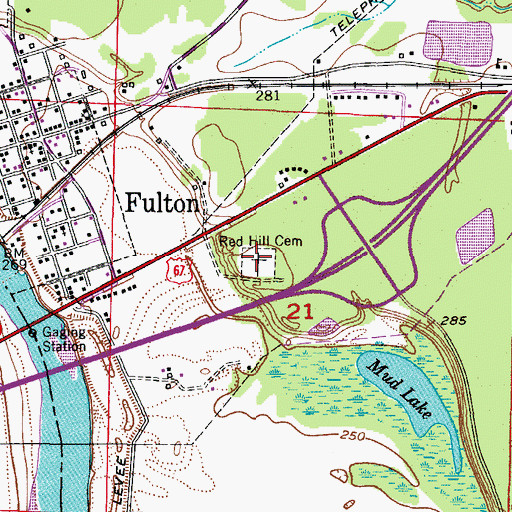 Topographic Map of Red Hill Cemetery, AR