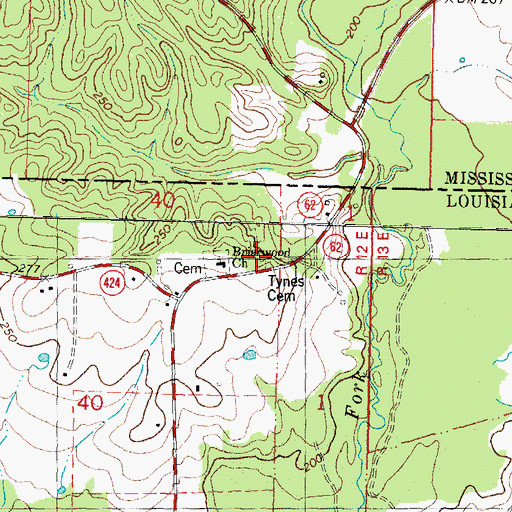 Topographic Map of Tynes Cemetery, LA