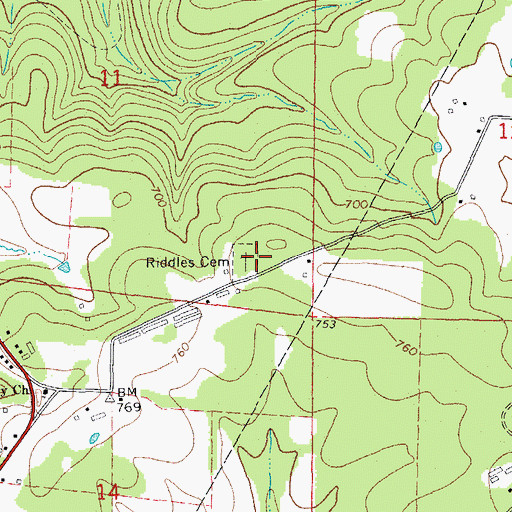 Topographic Map of Riddles Cemetery, AR