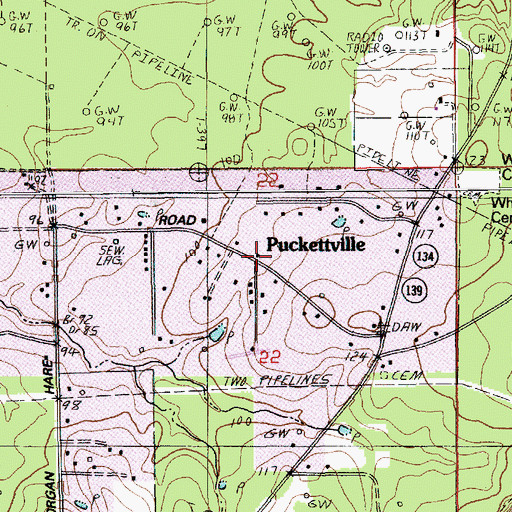 Topographic Map of Puckettville, LA