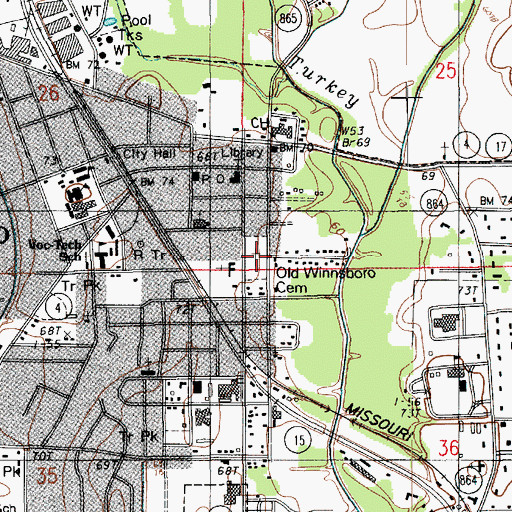 Topographic Map of Old Winnsboro Cemetery, LA