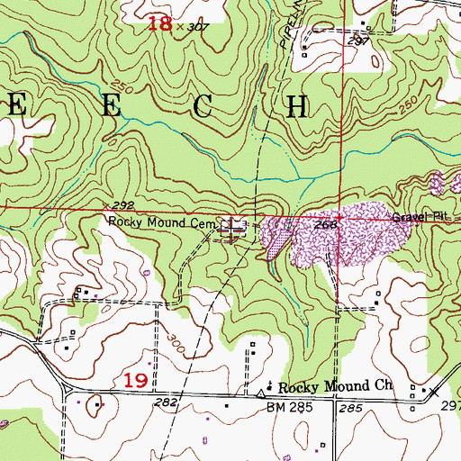Topographic Map of Rocky Mound Cemetery, AR