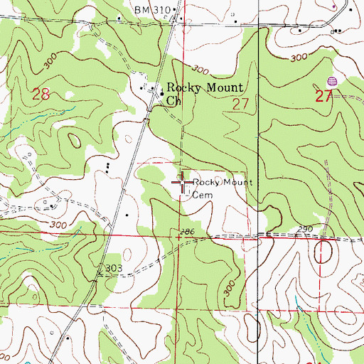 Topographic Map of Rocky Mount Cemetery, AR