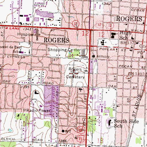 Topographic Map of Rogers Cemetery, AR