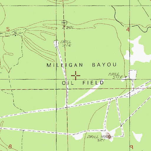 Topographic Map of Milligan Bayou Oil Field, LA
