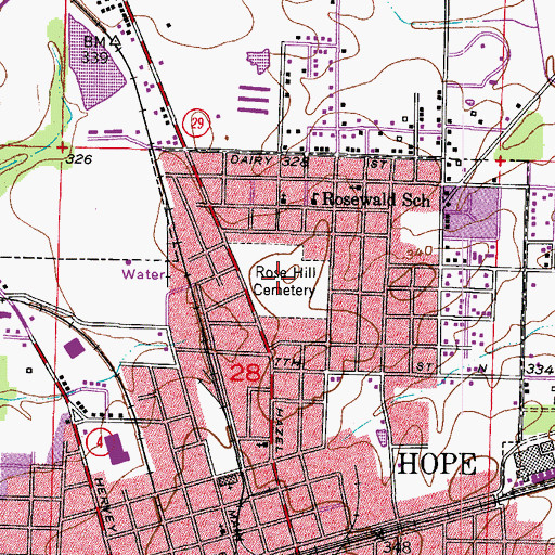 Topographic Map of Rose Hill Cemetery, AR