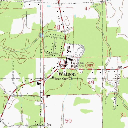Topographic Map of Live Oak High School, LA