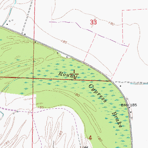 Topographic Map of Round Cypress Brake, AR