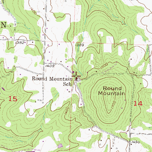 Topographic Map of Round Mountain School, AR
