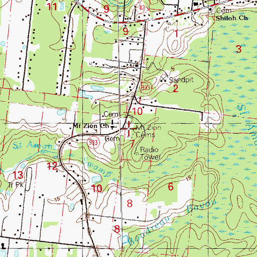 Topographic Map of Mount Zion Cemeteries, LA
