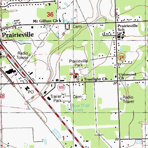 Topographic Map of Prairieville Park, LA