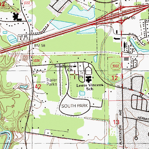Topographic Map of South Side Baptist Church, LA