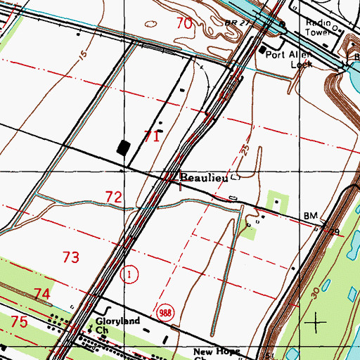 Topographic Map of Beaulieu, LA