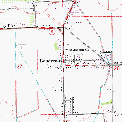 Topographic Map of Boudreaux, LA