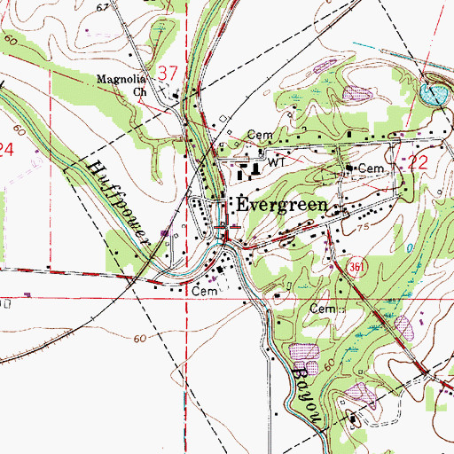 Topographic Map of Evergreen, LA