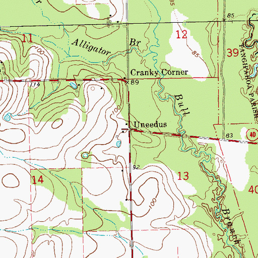 Topographic Map of Uneedus, LA