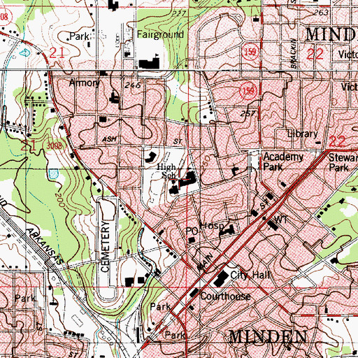 Topographic Map of Minden High School, LA