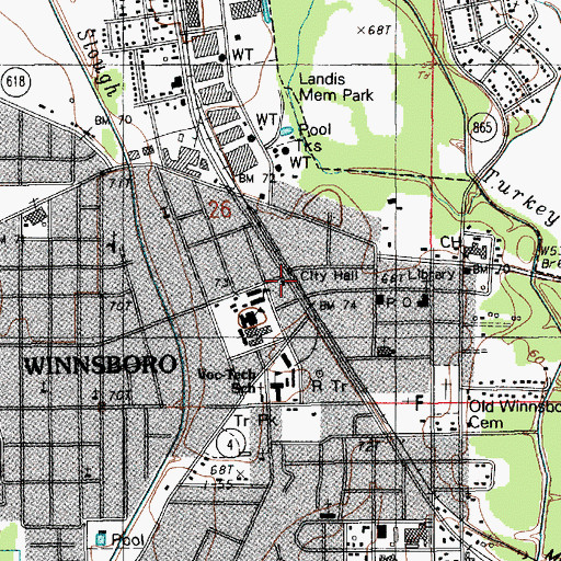 Topographic Map of Winnsboro City Hall, LA