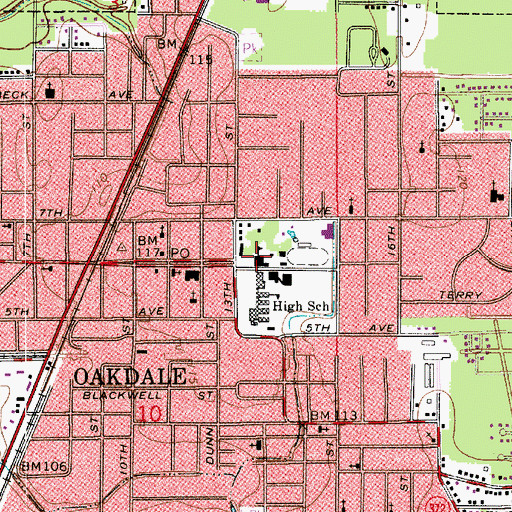 Topographic Map of Oakdale High School, LA