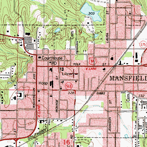 Topographic Map of De Soto Parish Library, LA