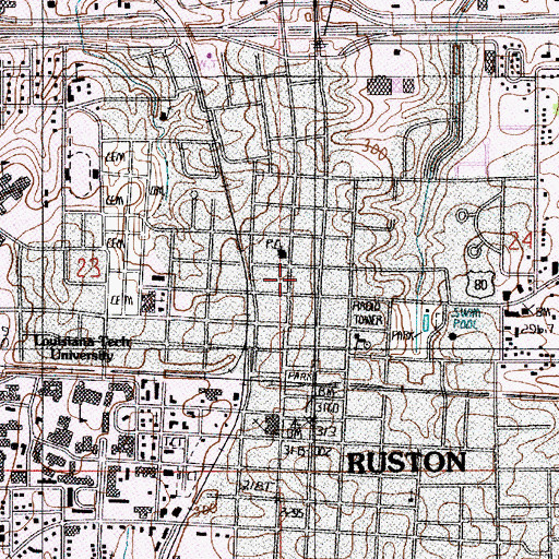 Topographic Map of Ruston City Hall, LA
