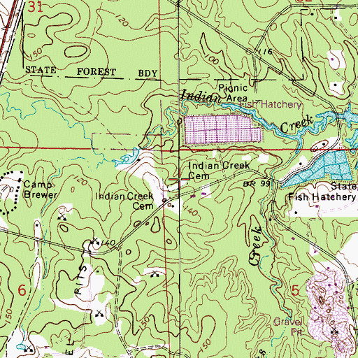 Topographic Map of Indian Creek Cemetery, LA