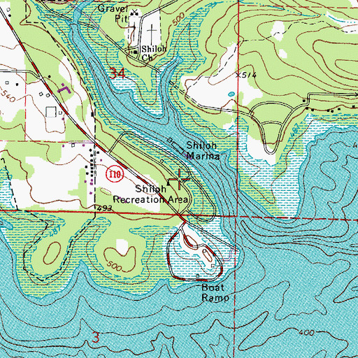 Topographic Map of Shiloh Recreation Area, AR