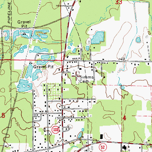 Topographic Map of Simms Cemetery, AR