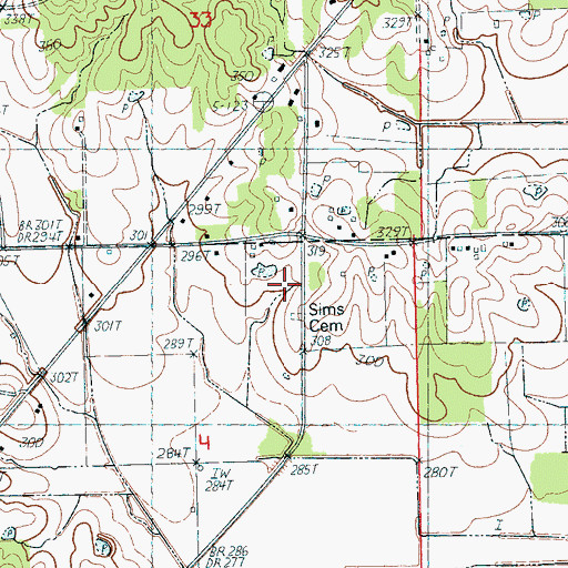 Topographic Map of Sims Cemetery, AR