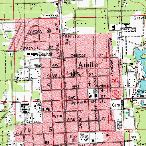 Topographic Map of First Baptist Church of Amite, LA