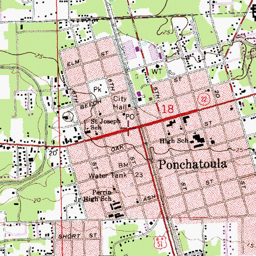 Topographic Map of Ponchatoula Commercial Historic District, LA