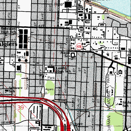 Topographic Map of Firemens Cemetery, LA