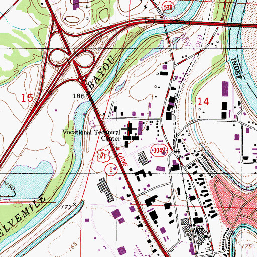 Topographic Map of Bossier Parish Technical School, LA