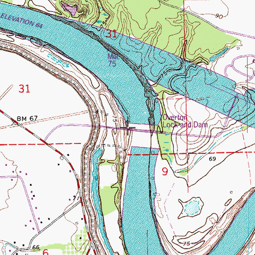 Topographic Map of Overton Lock and Dam, LA
