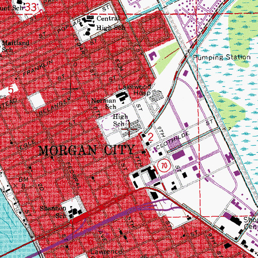 Topographic Map of Morgan City Junior High School, LA