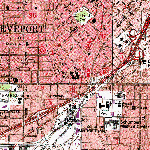 Topographic Map of Shreveport City Hall, LA