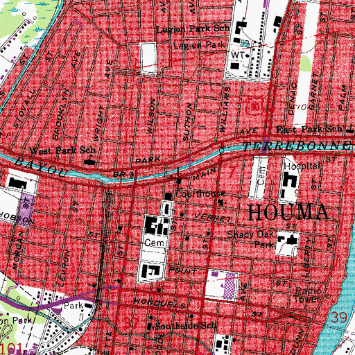 Topographic Map of Houma City Hall, LA