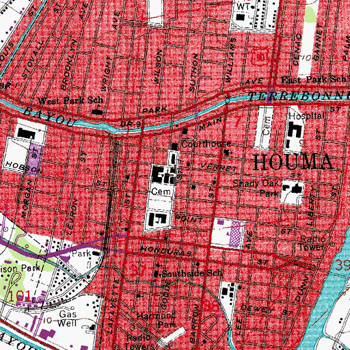 Topographic Map of Houma Historic District, LA
