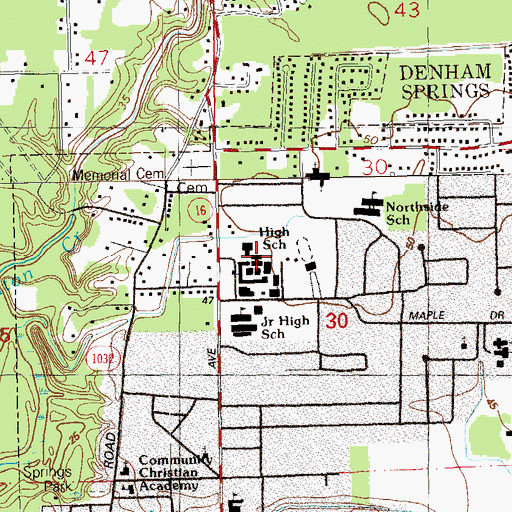 Topographic Map of Denham Springs High School, LA