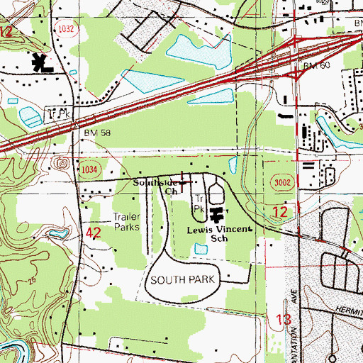 Topographic Map of Southside Baptist Church, LA
