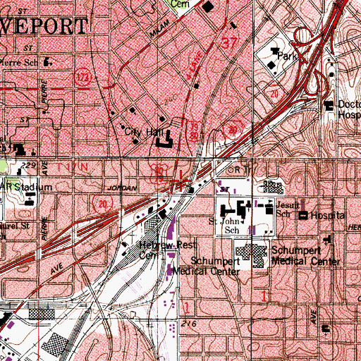 Topographic Map of Shreveport Charity Hospital (historical), LA