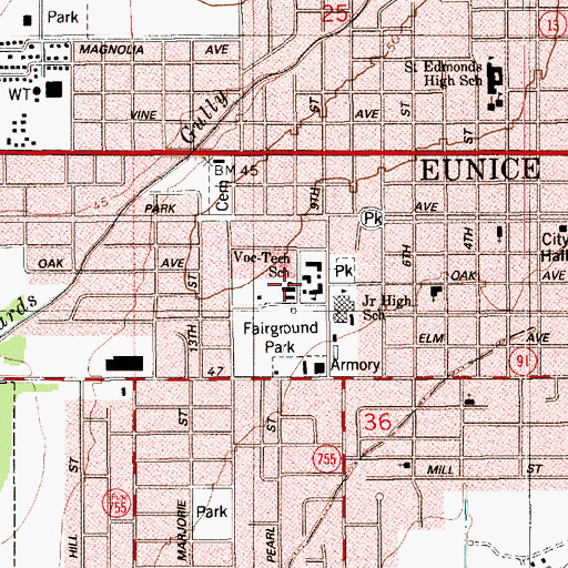 Topographic Map of Eunice Career and Technical Center School, LA