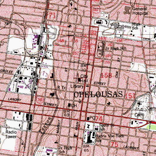 Topographic Map of Opelousas City Hall, LA