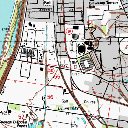 Topographic Map of Alex Box Stadium, LA