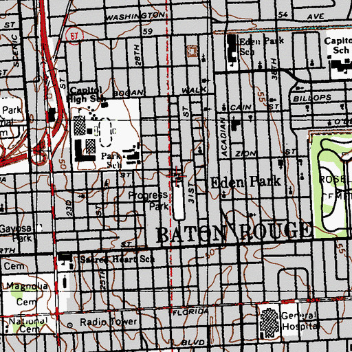 Topographic Map of Mount Calvary Baptist Church, LA