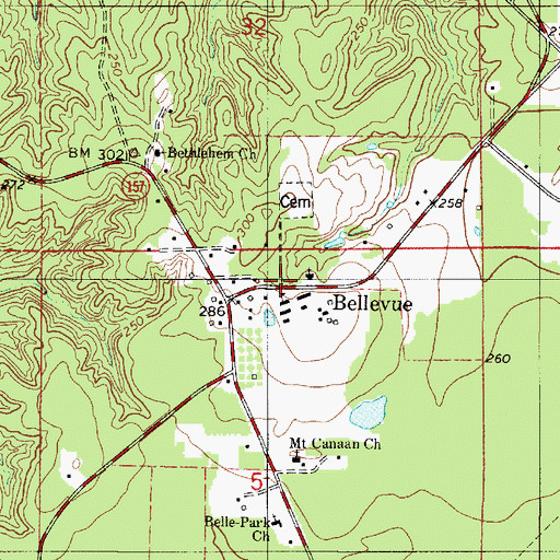 Topographic Map of Bellevue, LA