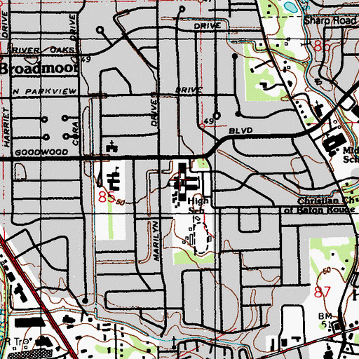 Topographic Map of Broadmoor High School, LA