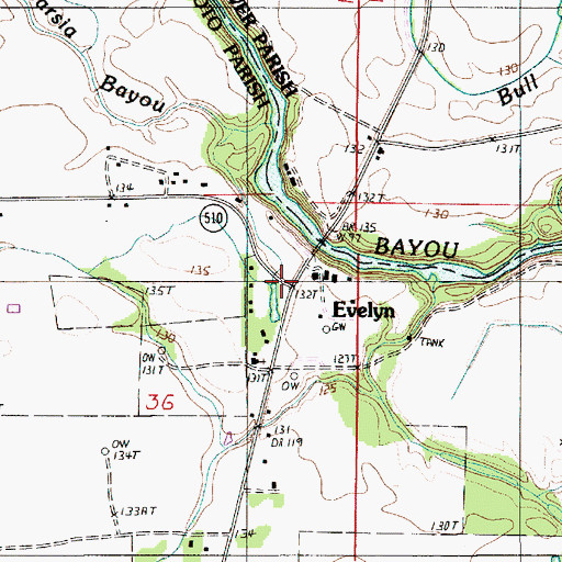 Topographic Map of Evelyn, LA