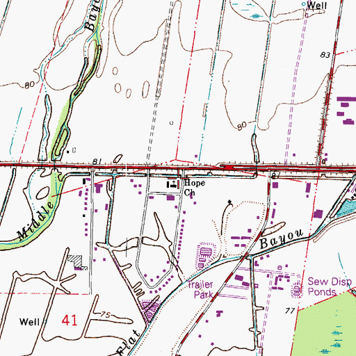 Topographic Map of Hope Baptist Church, LA